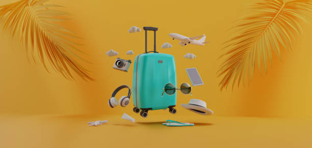 istock Traveling suitcase with travel accessories. 1293739982