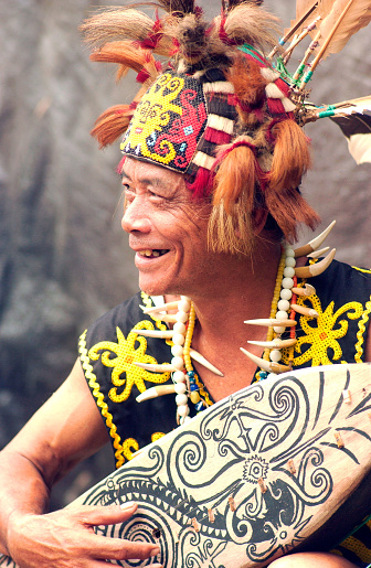 A dayak musician from dayak lundayeh tribe in malinau region north borneo provence indonesia
