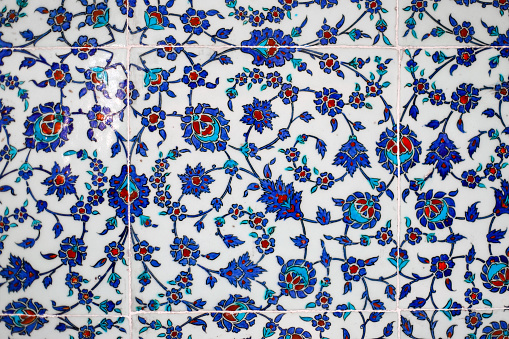 Details of Traditional Turkish Blue Tile with Blue and Red Color