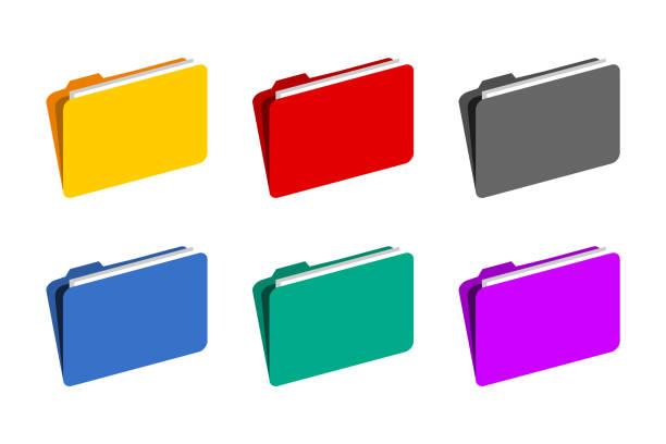 Folder icon set in different colors. Files in folders collection. Saving documents. Colorful computer folder symbol. Storage space. Isolated on white background. Vector illustration, flat, clip art. file folder stock illustrations