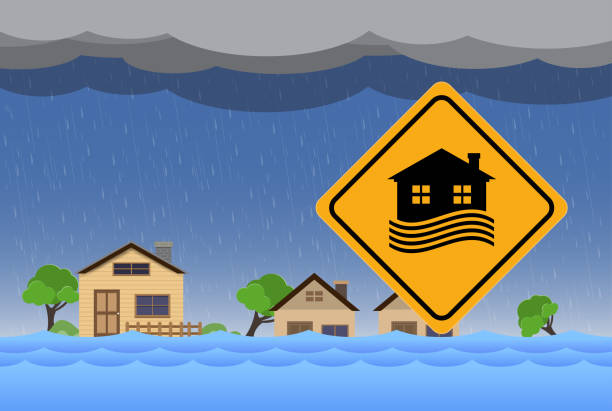 hochwasser-naturkatastrophe mit haus, starkregen und sturm - flood stock-grafiken, -clipart, -cartoons und -symbole