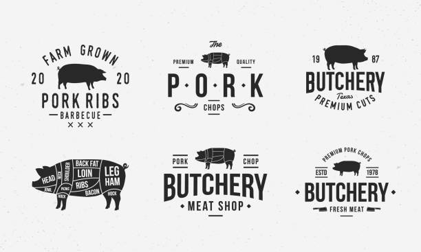 ilustrações, clipart, desenhos animados e ícones de porco, logotipo pig definido. modelos de logotipo de porco vintage com silhueta de porco. emblemas de porco para açougue, restaurante, churrascaria, design de churrasco. diagrama de cortes de porco. ilustração vetorial - pig silhouette animal livestock