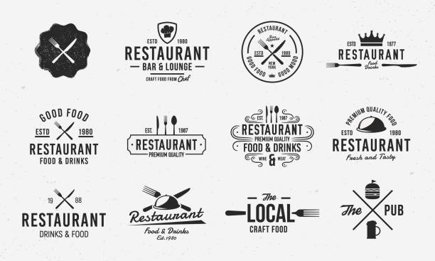 ベクターレストランのロゴセット。11高級レストランのエンブレム。クックと食品レトロなラベル、バッジ、エンブレム、ロゴ。レストラン、パブレストランビジネス ロゴテンプレート - ロゴ点のイラスト素材／クリップアート素材／マンガ素材／アイコン素材