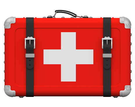 Retro suitcase with the national Flag of the Swiss Confederation stands on a white surface. 3D illustration