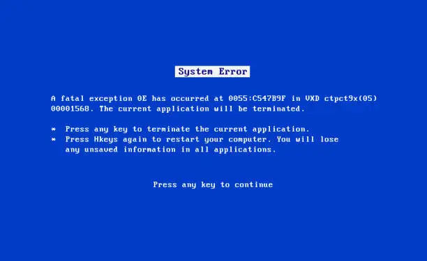 Vector illustration of BSOD screen old 98 error crash software. Bluescreen death system pc bug, bsod screen