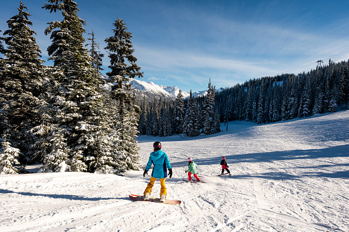 Mother and daughters skiing. Travel during coronavirus. Family ski vacations.