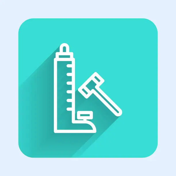 Vector illustration of White line High striker attraction with big hammer icon isolated with long shadow. Attraction for measuring strength. Amusement park. Green square button. Vector