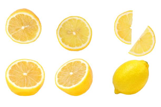 affettato di limone isolato impostato su sfondo bianco - limone foto e immagini stock