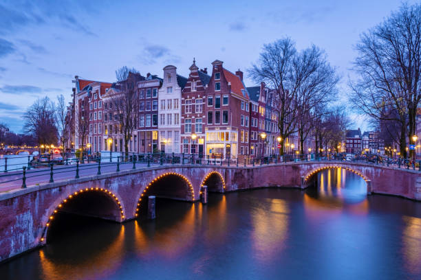 istock Amsterdam Netherlands during sunset, historical canals during sunset hours 1293755743