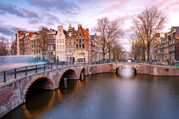 istock Amsterdam Netherlands during sunset, historical canals during sunset hours 1293756018