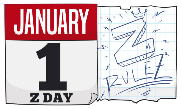 Calendar and Notebook Paper with Doodles to Celebrate Z Day Cute doodles on notebook paper to celebrate Z Day with a crown and word 'rules' written with z and calendar with reminder date: January 1. zee stock illustrations