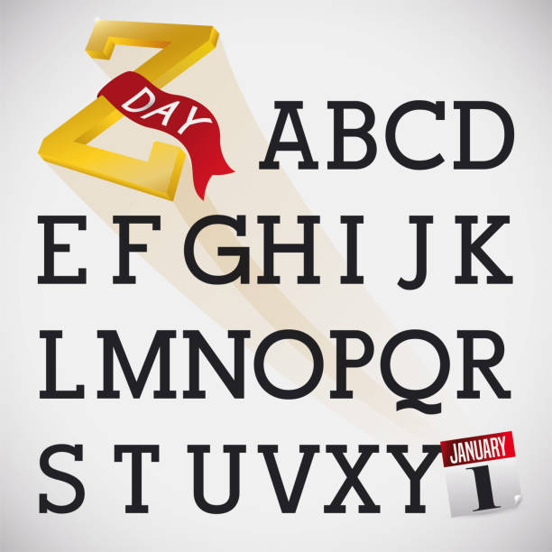 Golden Z Flying to First Place in its Day over Alphabet Golden Z letter, decorated with ribbon, flying to the first place of the alphabet, and loose-leaf calendar for Z Day celebration on January 1. zee stock illustrations