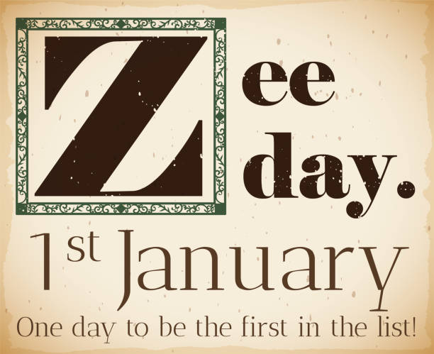 Capital Z Letter with Phonetic Pronunciation Promoting Z Day Old scroll with capital letter Z and phonetic pronunciation, promoting its celebratory day on January 1. zee stock illustrations