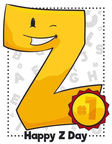 Smiling Z Letter with Number One Button Celebrating its Day Smiling and winking Z letter wearing a prize button with first place over alphabet ready to celebrate its day. zee stock illustrations