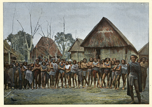 Vintage colourised photograph of Residents of the village of Kon-toai, Annam (Vietnam), Victorian 19th Century