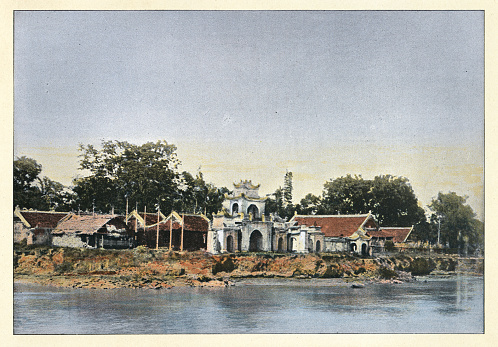 Vintage colourised photograph of Temple on the banks of the Hue, Annam (Vietnam), Victorian 19th Century