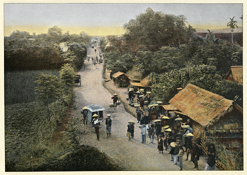 Vintage colourised photograph of a street in Annam (Vietnam), Victorian 19th Century