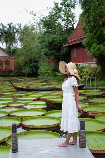 woman in white dress standing on bridge over pool with large green victoria lotus leaf