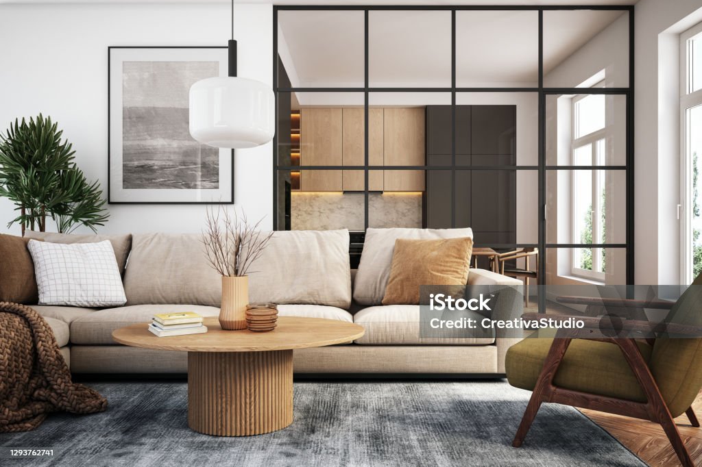 Modern living room interior - 3d render Living room 3d render with beige and green colored furniture and wooden elements Living Room Stock Photo