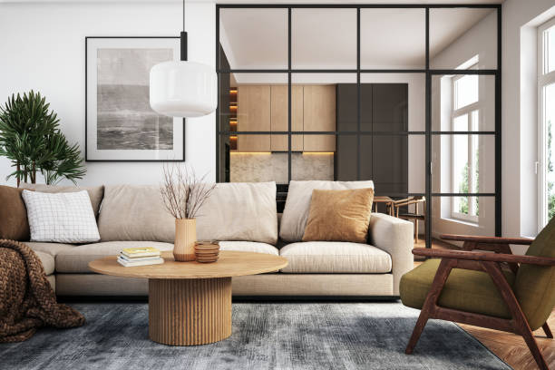 Modern living room interior - 3d render Living room 3d render with beige and green colored furniture and wooden elements inside of stock pictures, royalty-free photos & images