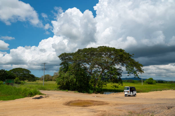 Vehicle parked in the shade of a tree in a Colombian landscape Traditional motorcycle taxi in towns parked next to a leafy tree in a country landscape of Colombia. horizon over land stock pictures, royalty-free photos & images