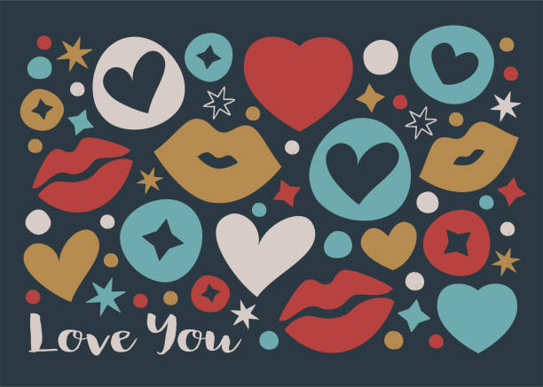Love you - Valentine's Day greeting card - dark background Fun vector greeting card for Valentine's Day with a pattern made of lips and hearts. Love you greeting card on dark background. lipstick kiss stock illustrations