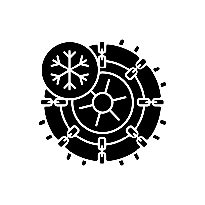 Studded tires and chains black glyph icon. Lifehack for auto owners in winter period. Moving on car while snow is falling. Silhouette symbol on white space. Vector isolated illustration