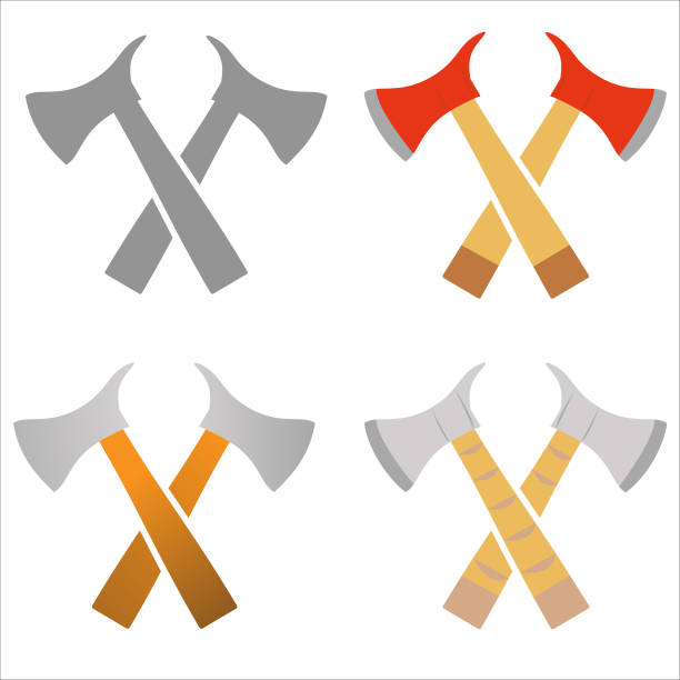 Crossed axes, lumberjack axe fireman tools Crossed axes, lumberjack axe fireman tools, camping logo vector axe throwing stock illustrations
