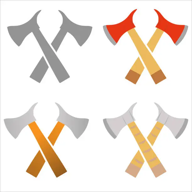 Vector illustration of Crossed axes, lumberjack axe fireman tools