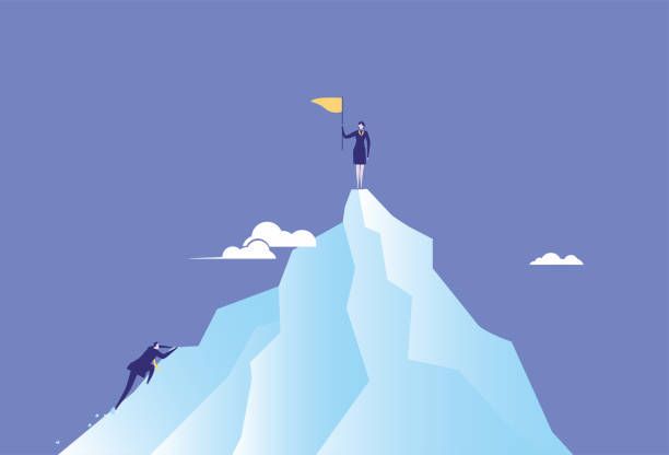 работница белых воротничков поднимается на вершину горы - rock climbing mountain climbing climbing women stock illustrations