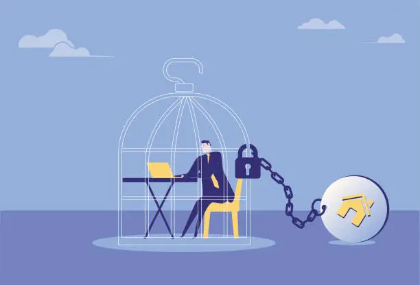 Vector illustration of The business man in the cage works hard for the mortgage