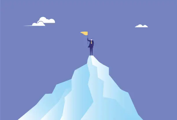 Vector illustration of Business man climbed to the top of the mountain and completed the goal