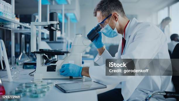 Medical Development Laboratory Scientist Wearing Face Mask Looking Under Microscope And Using Digital Tablet Specialists Working On Medicine Biotechnology Research In Advanced Pharma Lab Stock Photo - Download Image Now