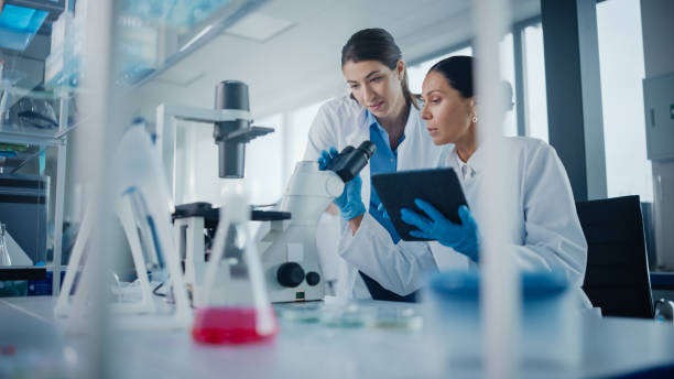 istock Modern Medical Research Laboratory: Two Female Scientists Working, Using Digital Tablet, Analysing Samples, Talking. Advanced Scientific Pharmaceutical Lab for Medicine, Biotechnology Development 1293773016