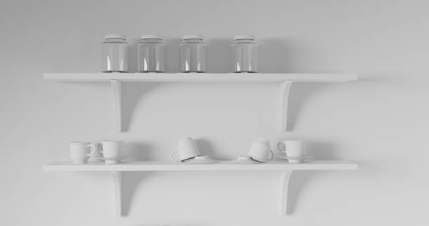 istock 3d render Front view of empty shelf on white table showcase and wall background with natural window light. Display of backdrop shelves for showing minimal concept. tree plant, glass and coffee cup. 1293774031
