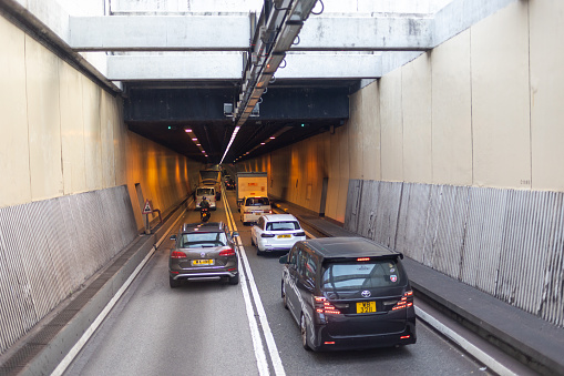 Entrance to the Cross-Harbour Tunnel in Hung Hom, Kowloon, Hong Kong. The Cross-Harbour Tunnel is the first tunnel in Hong Kong built underwater.