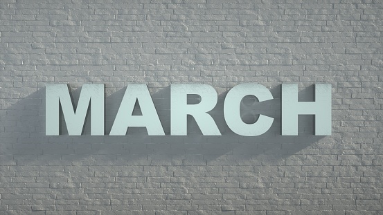 MARCH -Realistic Metal Sign on White Brick Wall background - 3D illustration.