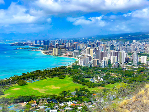 View of Honolulu and the famous Waikiki Beach in Hawaii