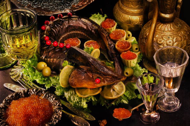 istock Baked sturgeon with black and red caviar 1293782319