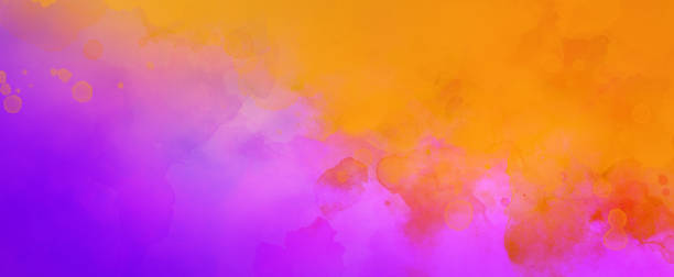 colorful background in purple pink and yellow orange and red colors, colorful painted background texture in abstract sunset or sunrise sky illustration with watercolor paint blotches - multi colored sunset north america usa imagens e fotografias de stock