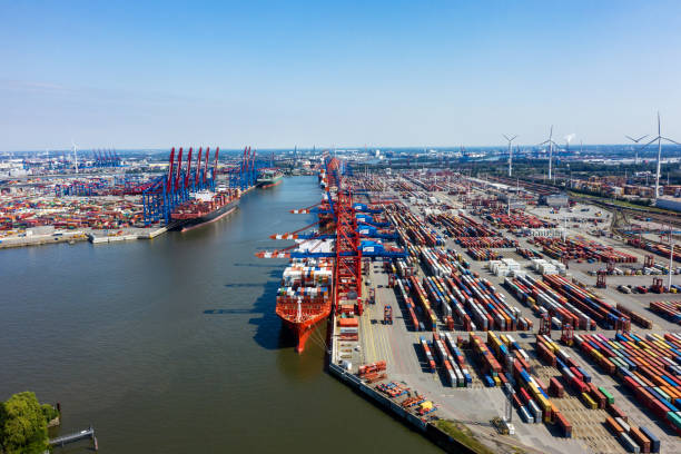 istock Aerial view on a container port, Germany 1293783449