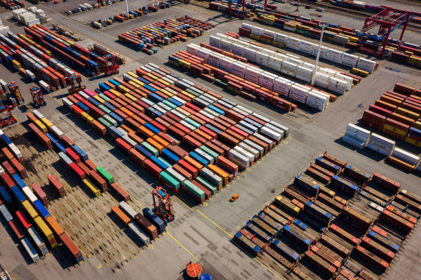 istock Aerial view on a container port, Germany 1293783480