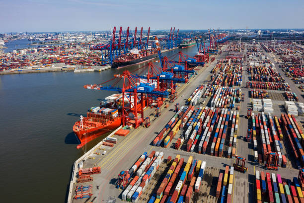istock Aerial view on a container port, Germany 1293783525