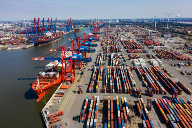 istock Aerial view on a container port, Germany 1293783542