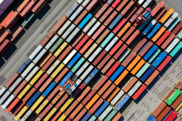 Aerial view on a container port, Germany Germany: Aerial view on the container port of Hamburg. river system stock pictures, royalty-free photos & images