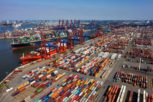 Germany: Aerial view on the container port of Hamburg.