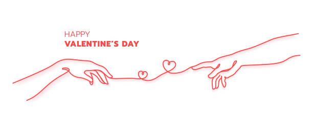 Happy valentine's day with two hands of Adam red thread concept vector illustration Two hands with red thread destiny concept.Creation of Adam hand drawn. Happy Valentine's day minimal style.Continuouse line art. filament stock illustrations