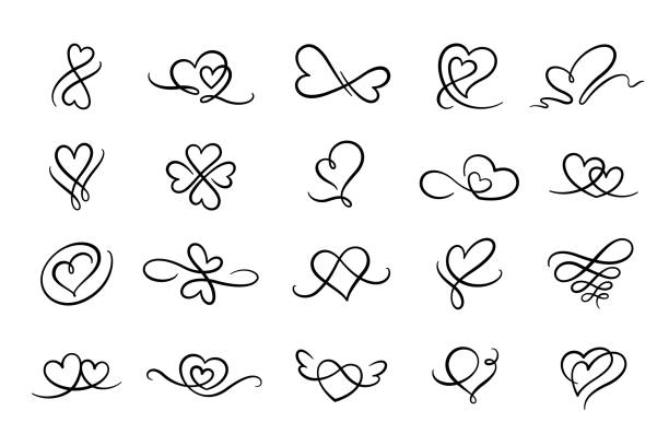 Heart love calligraphy hand drawn flourish vector Heart flourish calligraphy sign. Love element decorative hand drawn flourishes,ornate,tattoo. infinity heart stock illustrations