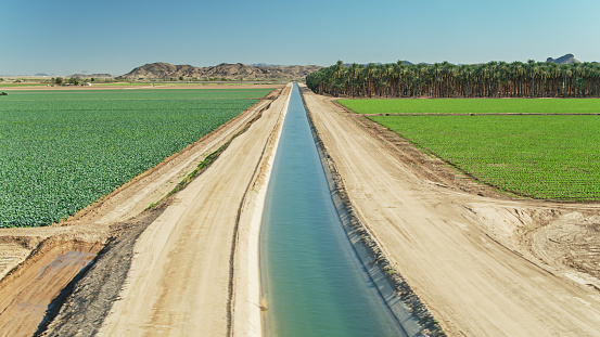 Aerial shot of industrial agriculture in the Imperial Valley in Southern California in December. This irrigated desert is the most productive winter farmland in the United States.