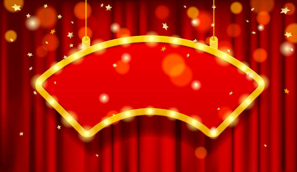 ilustrações, clipart, desenhos animados e ícones de pendurando placa vermelha cambered com uma moldura amarela e luzes na cortina vermelha sob uma chuva de ouro - cambered